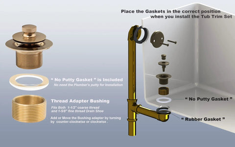 Champagne Bronze Lift And Turn Tub Trim Set With Two Hole Overflow Faceplate No Putty Gasket Tub Drain Stopper Conversion Kit