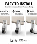 Installation steps for Heavy Duty Vertical Track Roller Wheels For Sliding Barn Doors, showcasing positioning, screwing, and sliding action.