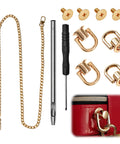 Gold D Ring Hardware Kit For Purse Straps With 360 Rotatable D Rings, Rivet Screws Kit, Punch Tool And Screwdriver, shown with accessories.