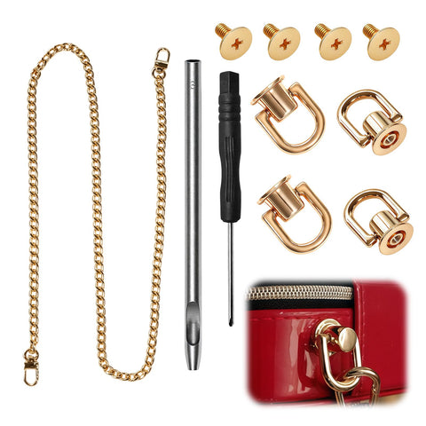 Gold D Ring Hardware Kit For Purse Straps With 360 Rotatable D Rings, Rivet Screws Kit, Punch Tool And Screwdriver, shown with accessories.