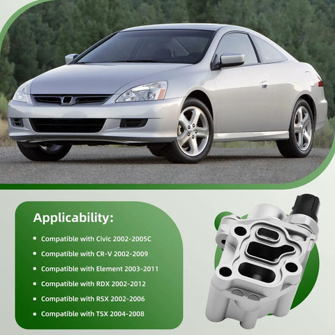 VTEC Solenoid Spool Valve With Timing Oil Pressure Switch And Gasket For Honda Accord Civic CR-V Element RSX 2002 To 2011 2.0L 2.3L 2.4L 3.0L OEM-Grade Replacement Part, shown with compatible car models.