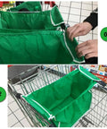 Two Pack Reusable Shopping Cart Trolley Bags Clip On Collapsible Grocery Tote Bags With Handles For Easy Grab And Go Transport Waterproof Non Woven Fabric Washable Durable And Eco Friendly As Seen On TV shown clipped to a shopping cart
