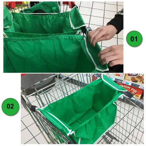 Two Pack Reusable Shopping Cart Trolley Bags Clip On Collapsible Grocery Tote Bags With Handles For Easy Grab And Go Transport Waterproof Non Woven Fabric Washable Durable And Eco Friendly As Seen On TV shown clipped to a shopping cart
