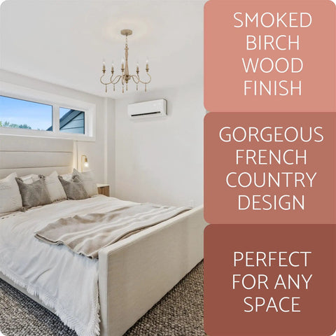 Roma 22 Inch 5-Light French Country Chandelier With Adjustable Height And Smoked Cedar Finish in bedroom setting.