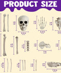 28 Piece Skeleton And Skull Halloween Decor Kit with size dimensions, realistic bones including skull, hands, and backbone.