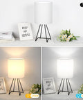 Two Pack Black Metal Bedside Lamps With Linen Shade For Bedroom And Living Room, shown in daylight and warm light settings, bulbs not included