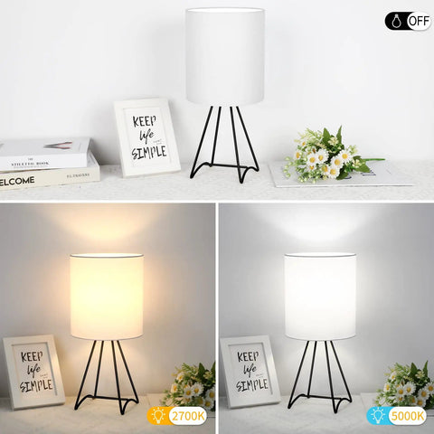 Two Pack Black Metal Bedside Lamps With Linen Shade For Bedroom And Living Room, shown in daylight and warm light settings, bulbs not included