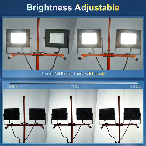 Dimmable LED Work Light 10000Lm 5000K Dual Head With Stand showing adjustable brightness settings