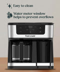Dual Brew Coffee Maker With 12 Cup Glass Carafe And Single Serve Pods Programmable Touchscreen For Ground Coffee Or K Cup Auto Shut Off Black on countertop, featuring easy-to-clean and water meter window features.