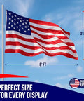 Outdoor 3x5 American Flag Made In USA With Brass Grommets Built To Last Outdoors Polycotton For Exterior Use 100 Percent Made In USA Flag With Vivid Red And Deep Blue Colors Weather Resistant FMAA Certified, waving on a flagpole against a blue sky