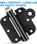 Self Closing Door Hinges 3.5 Inch Black Matte Spring Hinge Auto Close for Interior and Exterior Doors Heavy Duty UL Listed 6 Hole Mount Adjustable Tension Soft Close displayed with six-hole design and rotation angle detail.