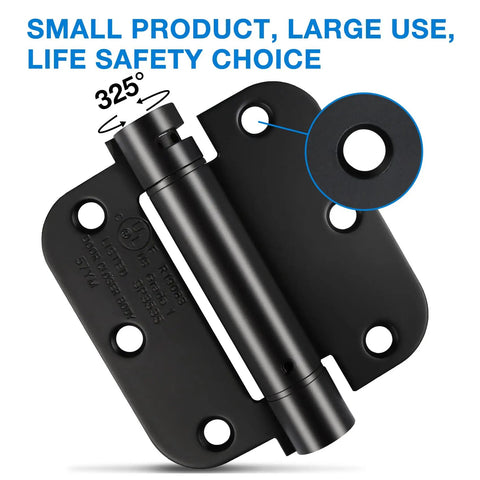 Self Closing Door Hinges 3.5 Inch Black Matte Spring Hinge Auto Close for Interior and Exterior Doors Heavy Duty UL Listed 6 Hole Mount Adjustable Tension Soft Close displayed with six-hole design and rotation angle detail.