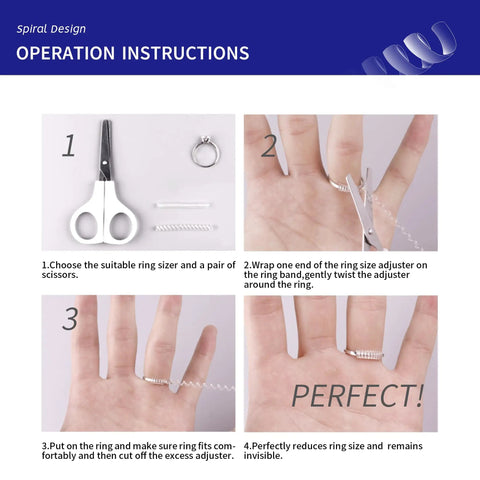 Invisible Ring Size Adjuster Kit 16 Soft Silicone Guards in Four Sizes Adjustable Spiral Tighteners for Loose Rings Comfortable Fit for Men and Women Keeps Your Ring Secure All Day operation instructions with scissors and ring
