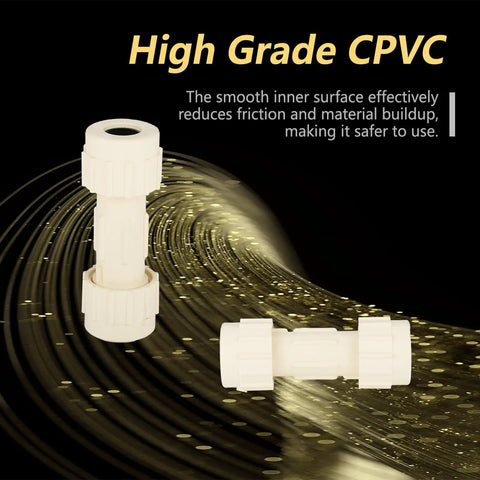 100 Pack 1 Inch Cpvccompression coupling with builtin rubber gas ket drip free pipe connector view showing high-grade CPVC material.