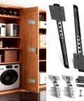20 Inch Pocket Door Slides with Hinges Complete Installation Kit for cabinets, includes slides, hinges, screws, and drill bit.