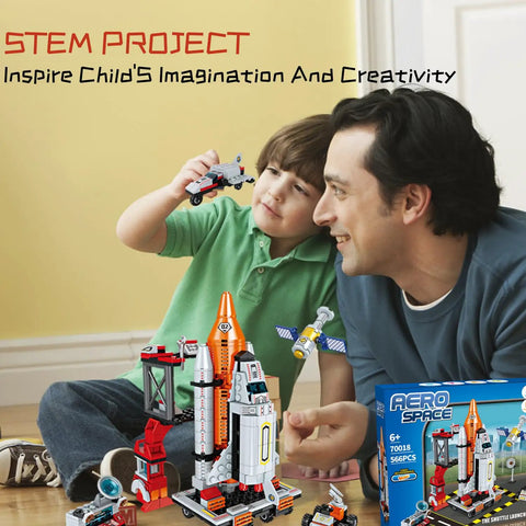 Space Rocket STEM Building Kit for Kids Ages 7 to 14 566 Plus Pieces to Build Your Own Rocket Ship Awesome Kid Friendly Hands On Educational Science Toy for Boys and Girls Perfect Christmas or Birthday Gift showing father and child building a rocket