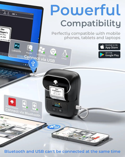 Bluetooth Portable Label Printer For Small Biz Fast Thermal Label Maker displaying connection options next to laptop and phone