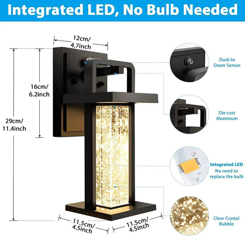 Dusk To Dawn Outdoor LED Wall Light With Crystal Glass 10W 480LM IP23 Patio, showing dimensions and features.