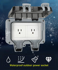 Tough As Nails IP66 Weatherproof Wall Power Socket featuring dual 15 amp outlets with splash guard in open position.