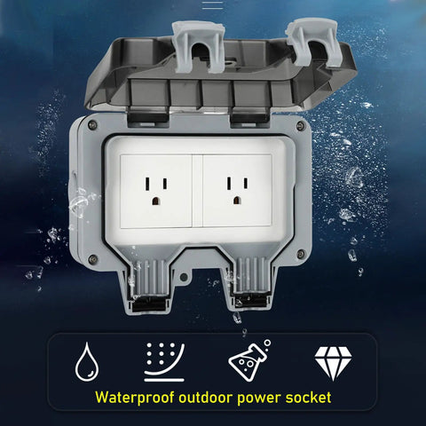 Tough As Nails IP66 Weatherproof Wall Power Socket featuring dual 15 amp outlets with splash guard in open position.