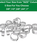 Heavy Duty 50 Piece 3/8 Inch PEX Cinch Clamps Set In 304 Stainless Steel with multiple sizes displayed