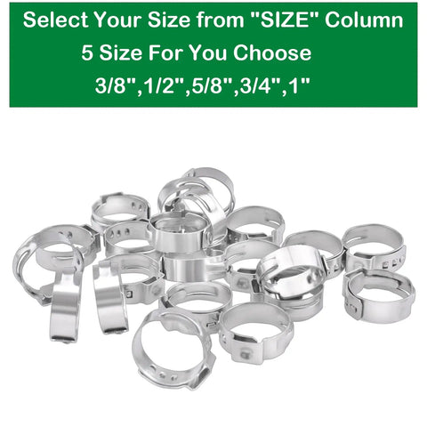 Heavy Duty 50 Piece 3/8 Inch PEX Cinch Clamps Set In 304 Stainless Steel with multiple sizes displayed