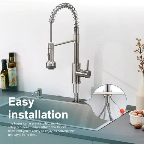 Kitchen Faucet With Soap Dispenser, Single Hole Pull Down Sprayer, LED Temperature Color Change, Brushed Nickel Finish over sink