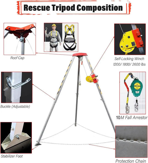 Confined Space Rescue Tripod Kit With 30m Cable features with winch, harness, adjustable legs for well and sewer maintenance.