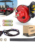Universal 12 Volt Golf Cart Horn Kit with hand press steering switch, wiring harness, bolts, and red horn, fits EZGO, Club Car, Yamaha