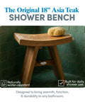 18-Inch Teak Shower Bench For Small Bathrooms And Outdoor Showers against green tiles, sponge on top