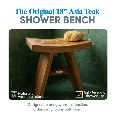 18-Inch Teak Shower Bench For Small Bathrooms And Outdoor Showers against green tiles, sponge on top