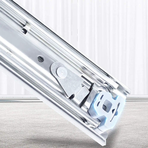 Close-up of Beefy Ball Bearing Full Extension Drawer Slides 10 To 40 Inch Runners Rails Track With 70 Kg Capacity Ideal For Cabinets RVs Trucks Industrial Equipment And Home Use