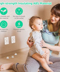 32 Pack Hidden Handle Outlet Covers For 3-Prong Outlets Easy For Adults To Remove And Kid-Proof Baby Proofing Electrical Socket Caps Safe Power Outlet Protectors For Childproofing Homes on wall with child and mother.