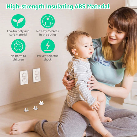 32 Pack Hidden Handle Outlet Covers For 3-Prong Outlets Easy For Adults To Remove And Kid-Proof Baby Proofing Electrical Socket Caps Safe Power Outlet Protectors For Childproofing Homes on wall with child and mother.