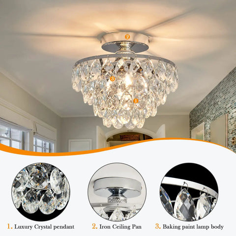 Crystal Chandelier Ceiling Light Semi Flush Mount With E26 Base In Silver Chrome Finish Dope Sparkling Crystal Fixture for hallways