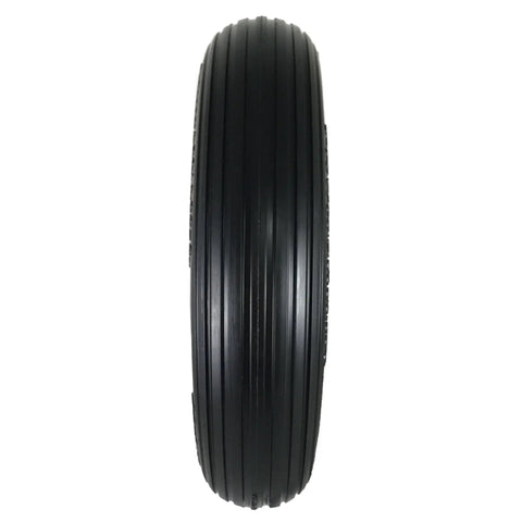 Side view of No Flat Universal Fit Wheelbarrow Tire And Wheel Assembly with ribbed tread and 3 inch centered hub.