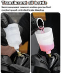 Hydraulic Bike Brake Bleed Kit visual oil cup in use for Shimano, SRAM, Tektro, and Magura, showing fluid level during brake bleeding.