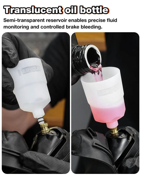Hydraulic Bike Brake Bleed Kit visual oil cup in use for Shimano, SRAM, Tektro, and Magura, showing fluid level during brake bleeding.