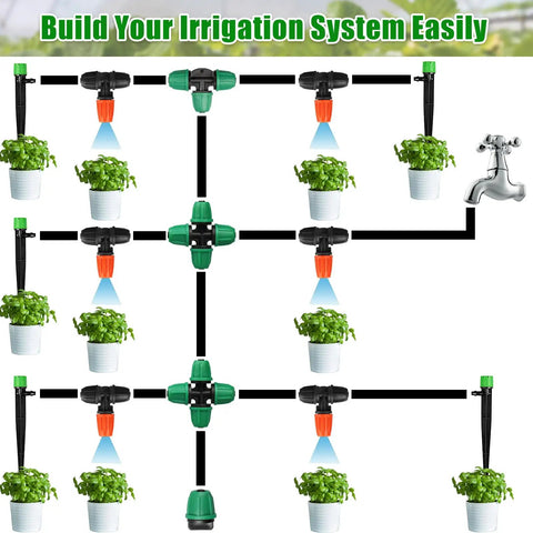 Diagram of 25 Pack Micro Spray Drippers With Three Way Atomizing Nozzles For One Quarter Inch Tubing in garden setup