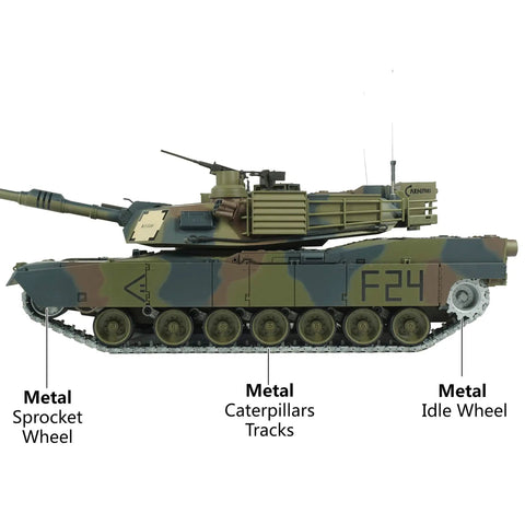 Side view of Modified Edition 1/16 Scale M1A2 Abrams RC Tank With 360 Degree Turret, steel gearbox, metal tracks and wheels