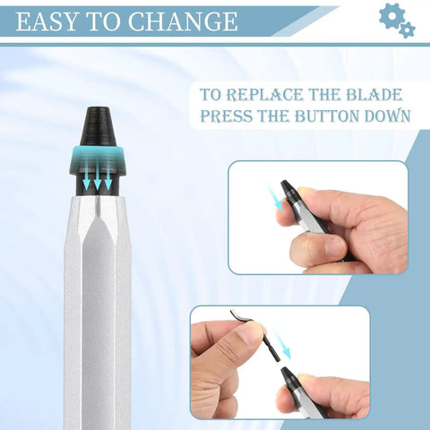 Pro Deburring Tool With 12 HSS Blades showing blade replacement process; silver metal handle and interchangeable blades visible