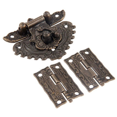 Antique Zinc Alloy Hasp Lock Set With Two Vintage Cabinet Hinges And Screws for wooden boxes, vintage retro box hardware