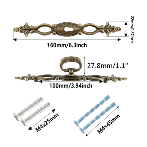 Antique Bronze Cabinet Pulls 6.3 Inch 160mm Vintage Style Drawer Knobs with screws, dimensions labeled, side and top view