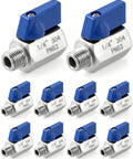 QWORK mini ball valves, 10-pack, 1/4 in NPT, stainless steel 304, blue lever