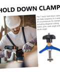 Woodworking T Track Hold Down Clamp With Quick Act Pressure Plate For Jigs And Fixtures Diy Woodshop Ready Carpenter Board Clamp For Saws Drill Press And Workbench shown with carpenter in background using clamp on wooden board