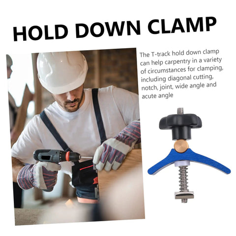 Woodworking T Track Hold Down Clamp With Quick Act Pressure Plate For Jigs And Fixtures Diy Woodshop Ready Carpenter Board Clamp For Saws Drill Press And Workbench shown with carpenter in background using clamp on wooden board