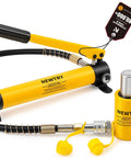 Two-piece NEWTRY 10-ton hydraulic ram jack with CP-180 hand pump; yellow porta-power set