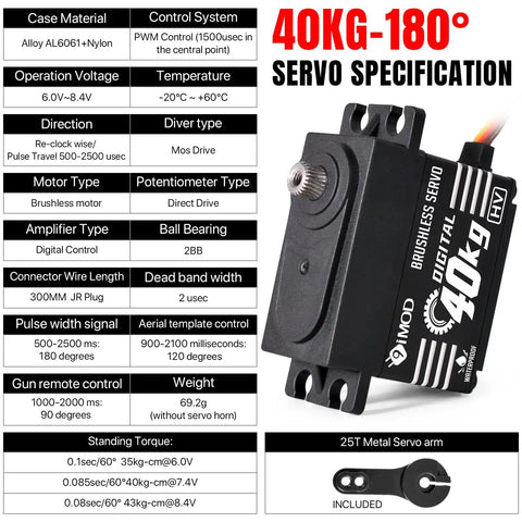 Beefy High Torque 40Kg Brushless Digital Waterproof RC Servo for 1/8 to 1/12 Scale Crawlers, specs and 25T horn