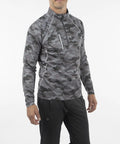 Model wearing Allendale Men's Half Zip Performance Pullover With Thermal Protection, Magnesium Camo Charcoal, front view.