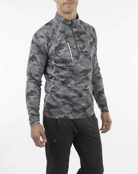 Model wearing Allendale Men's Half Zip Performance Pullover With Thermal Protection, Magnesium Camo Charcoal, front view.